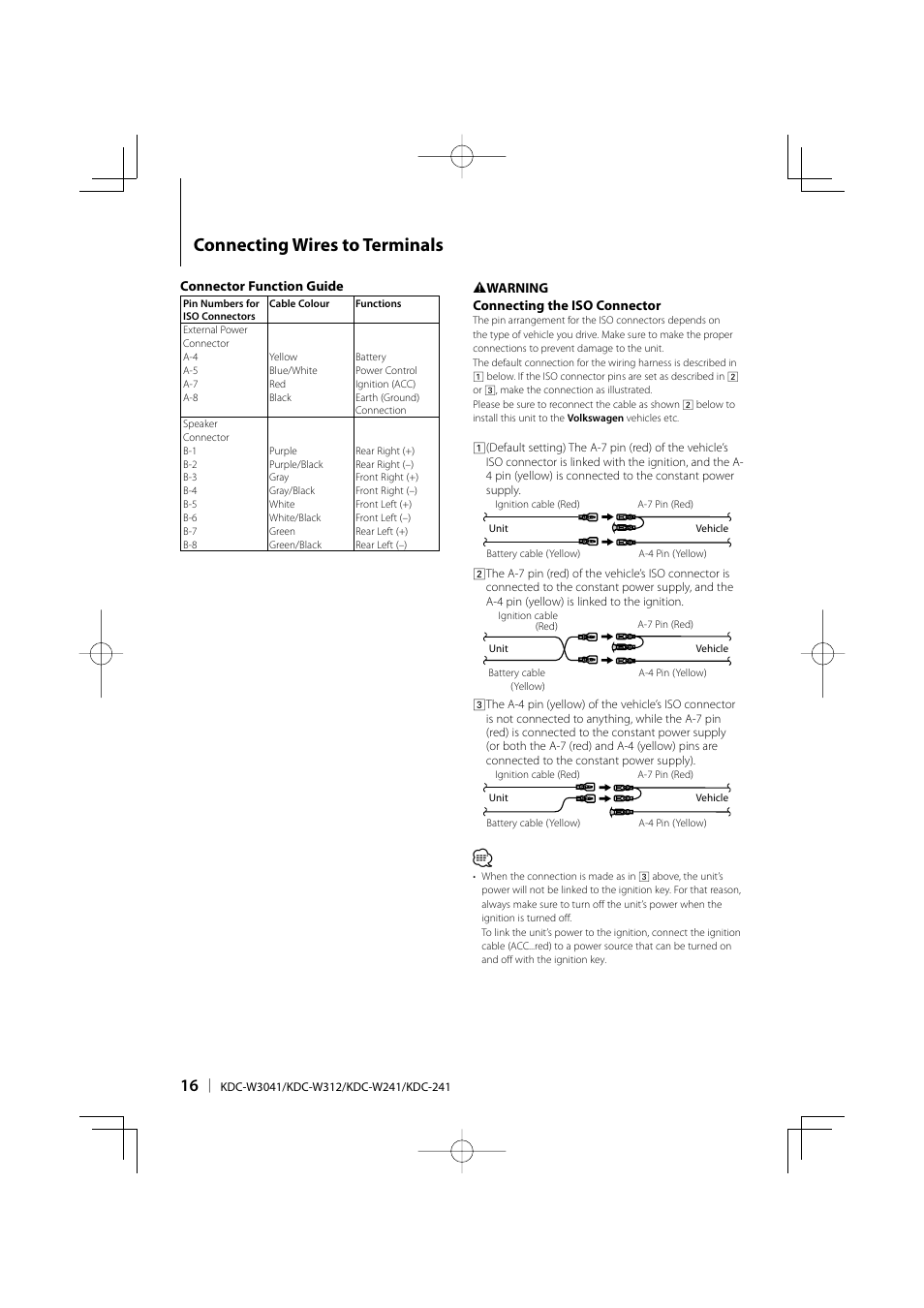 Connecting wires to terminals | Kenwood KDC-W241  EN User Manual | Page 16 / 20