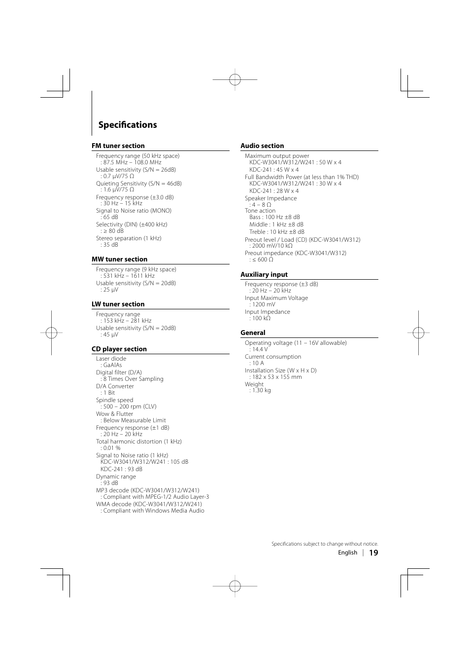 Specifi cations | Kenwood KDC-W241  EN User Manual | Page 19 / 20