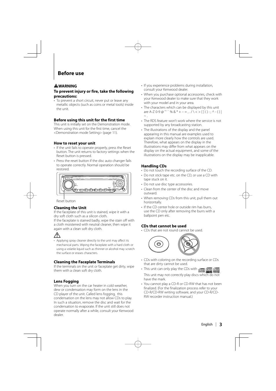 Before use | Kenwood KDC-W241  EN User Manual | Page 3 / 20