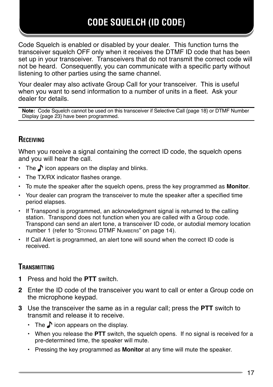 Code squelch (id code) | Kenwood TK-7160 User Manual | Page 23 / 32