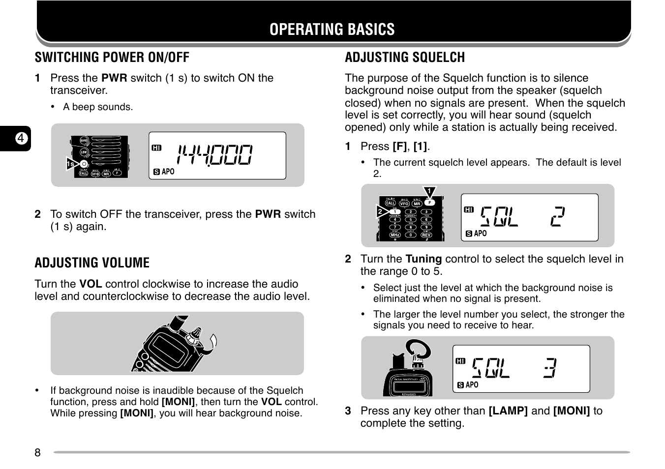 Operating basics, Switching power on/off, Adjusting volume | Adjusting squelch | Kenwood TH-G71E User Manual | Page 14 / 60