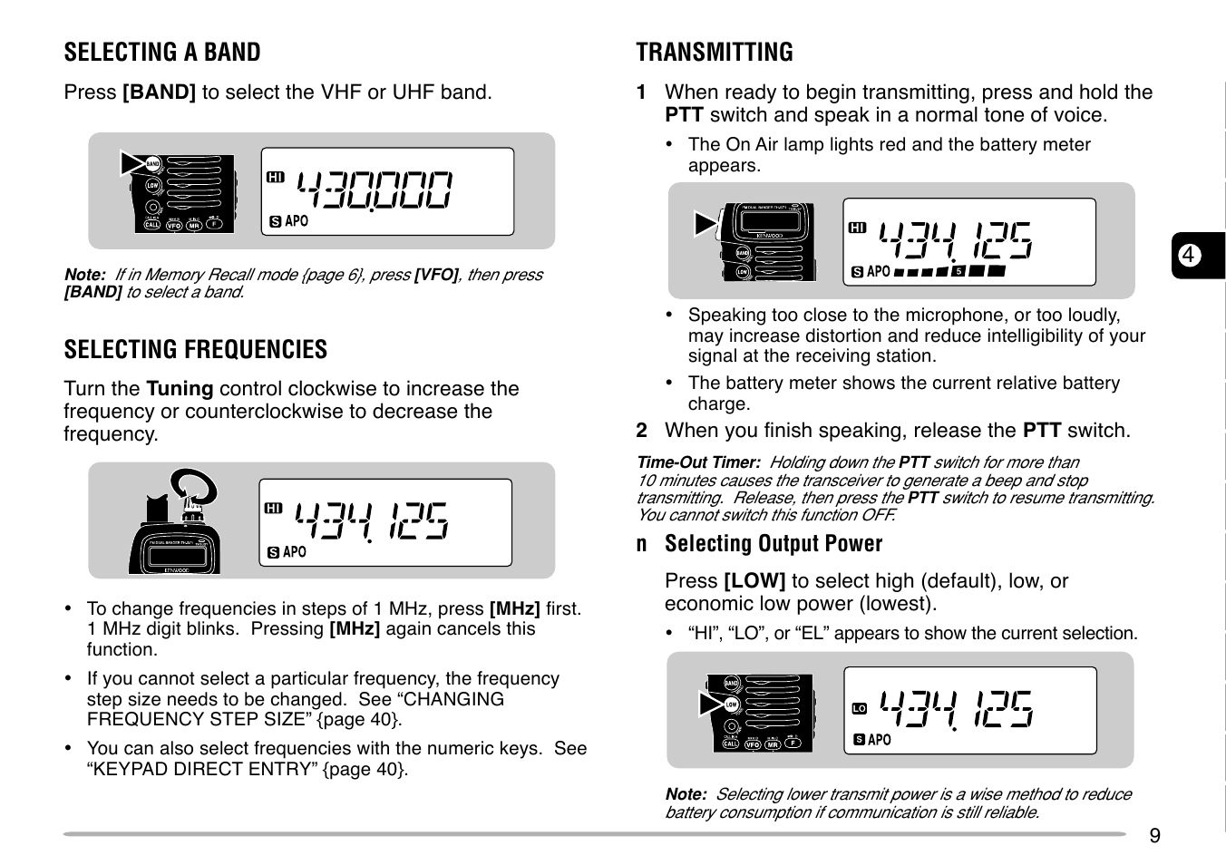 Selecting a band, Selecting frequencies, Transmitting | Kenwood TH-G71E User Manual | Page 15 / 60