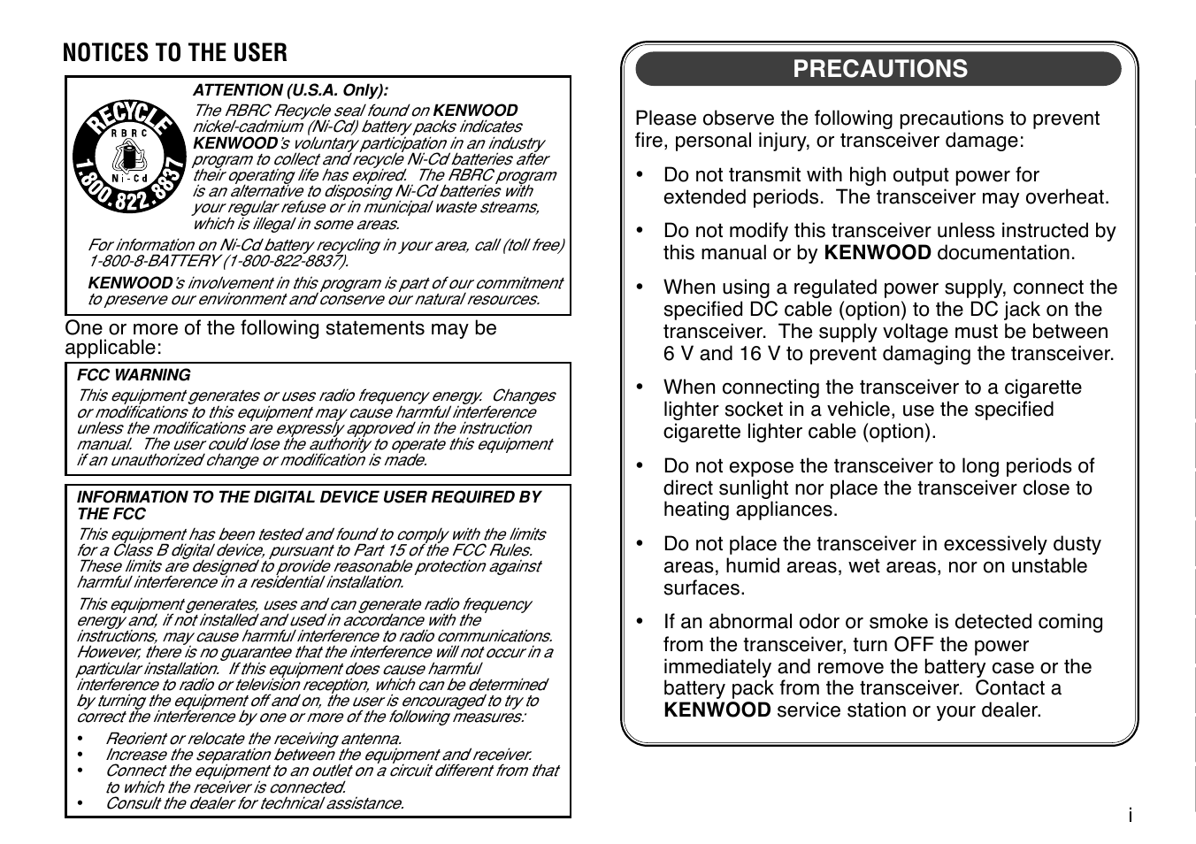 Microphone control, Notices to the user precautions | Kenwood TH-G71E User Manual | Page 3 / 60