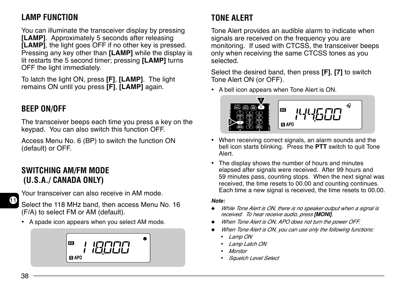 Lamp function, Beep on/off, Switching am/fm mode (u.s.a./ canada only) | Tone alert | Kenwood TH-G71E User Manual | Page 44 / 60