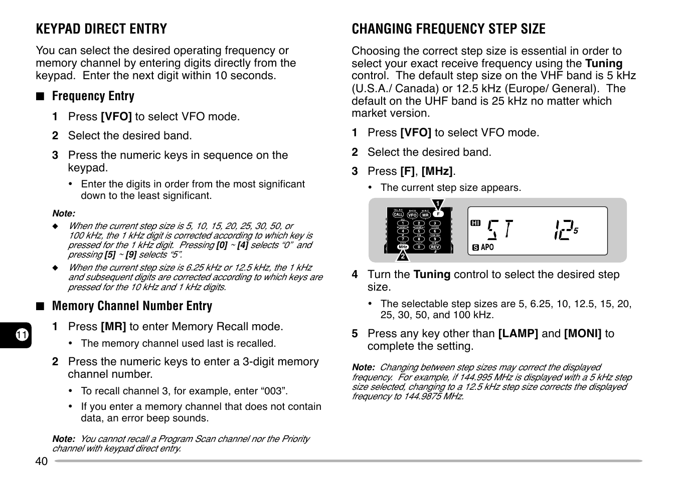 Keypad direct entry, Changing frequency step size | Kenwood TH-G71E User Manual | Page 46 / 60