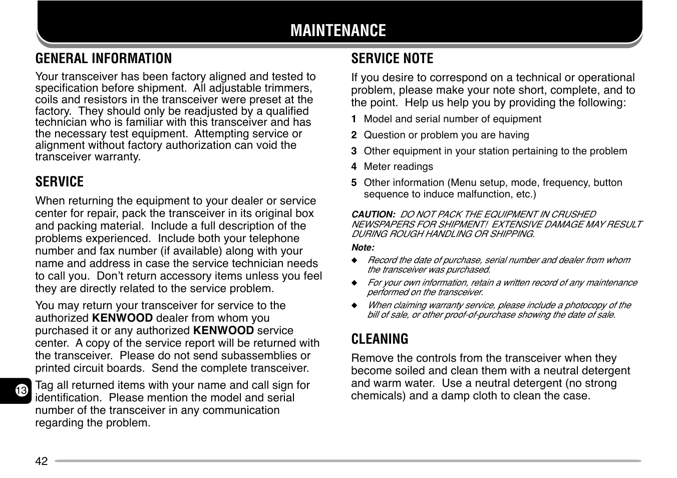 Maintenance, General information, Service | Cleaning | Kenwood TH-G71E User Manual | Page 48 / 60