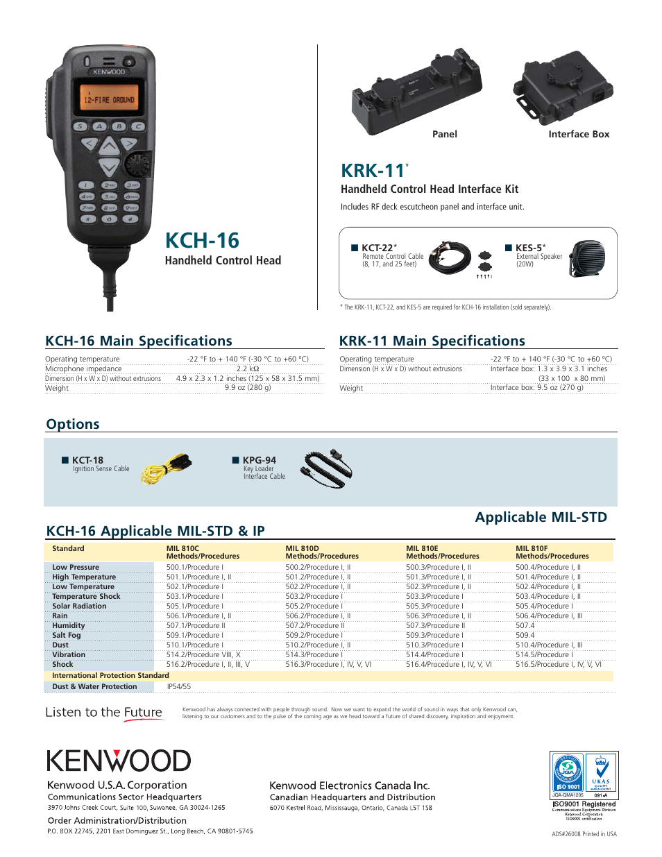 Kch-16, Krk-11, Kch-16 applicable mil-std & ip | Applicable mil-std, Handheld control head, Handheld control head interface kit | Kenwood KES-5 User Manual | Page 2 / 2