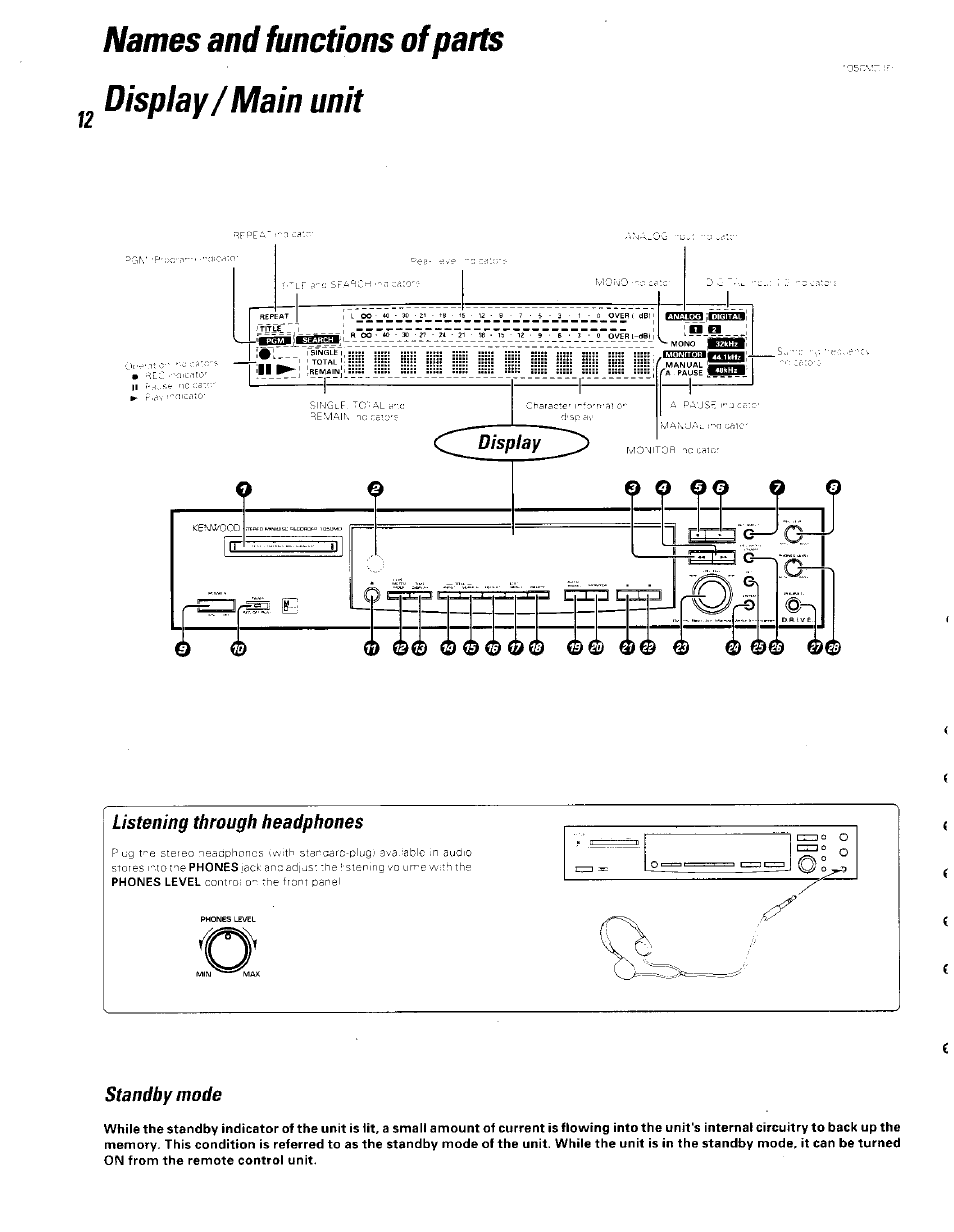 Names and functions of parts display/main unit, Standby mode | Kenwood BJV140Z User Manual | Page 12 / 54