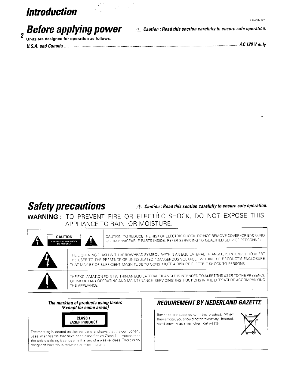 Introduction before applying power, Units are designed for operation as follows, Classi | Laser product, Safety precautions | Kenwood BJV140Z User Manual | Page 2 / 54