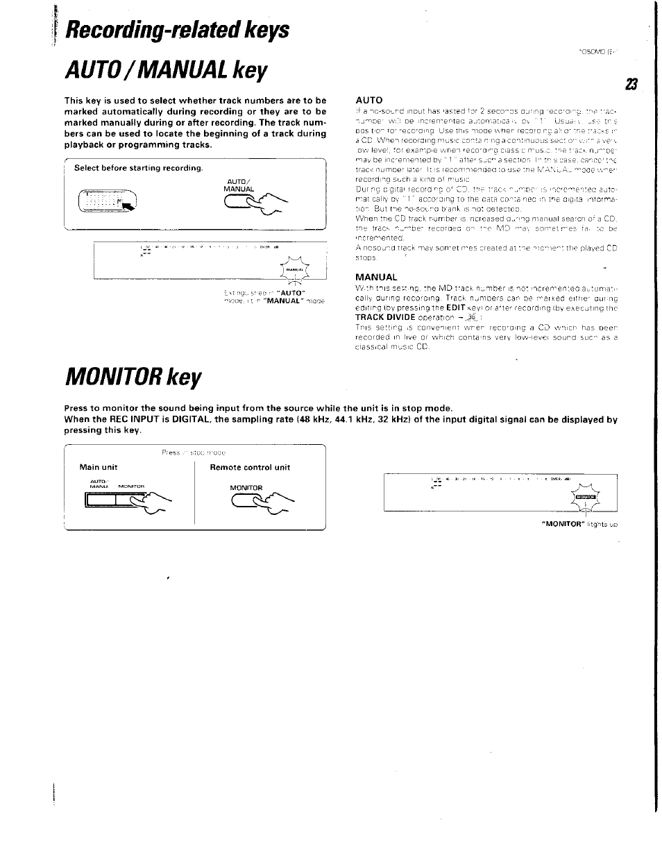 I recording-related keys auto/manual key, Monitor key, Auto | Manual, Recording-related keys auto/manual key, I i czsif, R ' v | Kenwood BJV140Z User Manual | Page 23 / 54