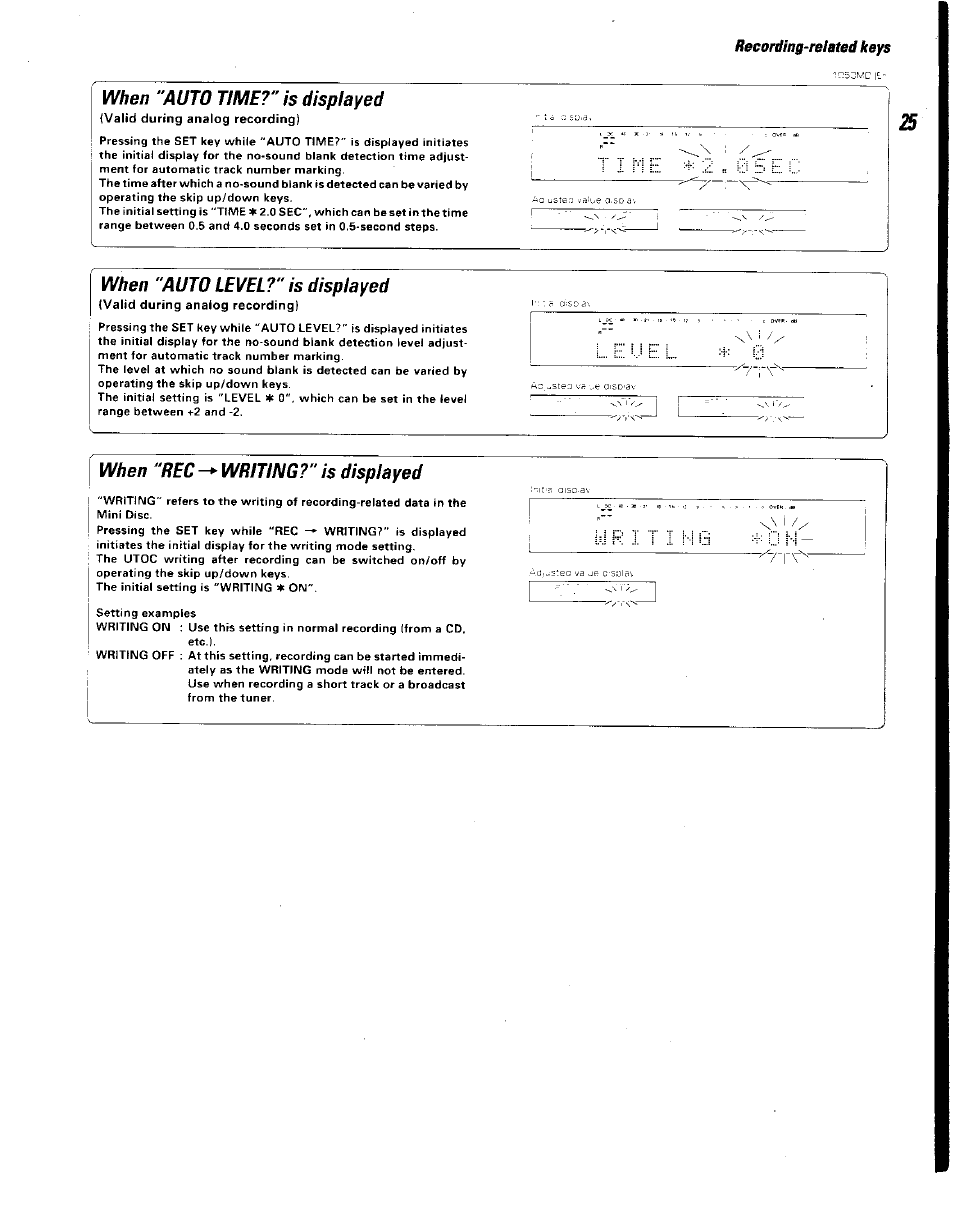 When "auto time?" is displayed, Valid during analog recording), When "auto level?" is displayed | When "rec writing?" is displayed | Kenwood BJV140Z User Manual | Page 25 / 54