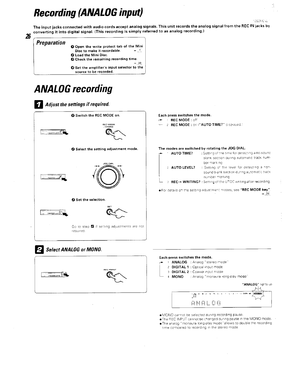 Recording (analog input, Analog recording, Adjust the settings if required | Select analog or mono, Recording (analog input), Preparation | Kenwood BJV140Z User Manual | Page 26 / 54