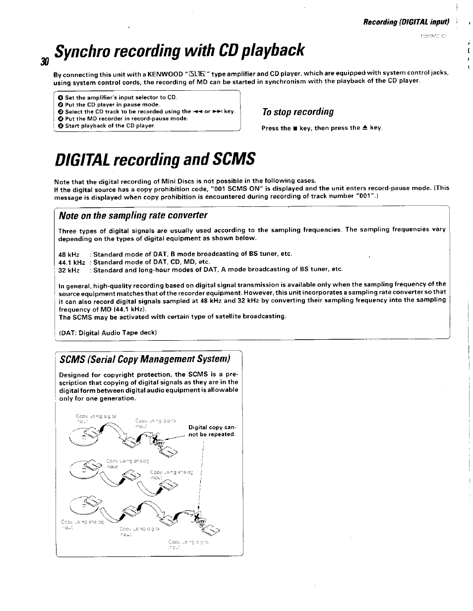 Synchro recording with cd playback, To stop recording, Digital recording and scms | Note on the sampling rate converter, Scms (serial copy management system) | Kenwood BJV140Z User Manual | Page 30 / 54