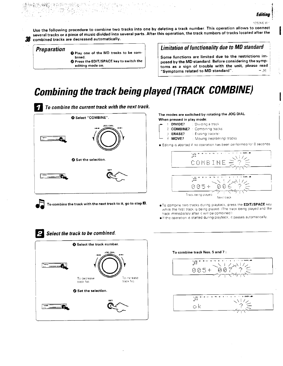 Preparation, Limitation of functionality due to md standard, Combining the track being played (track combine) | To combine the current track with the next track, Select the track to be combined | Kenwood BJV140Z User Manual | Page 38 / 54