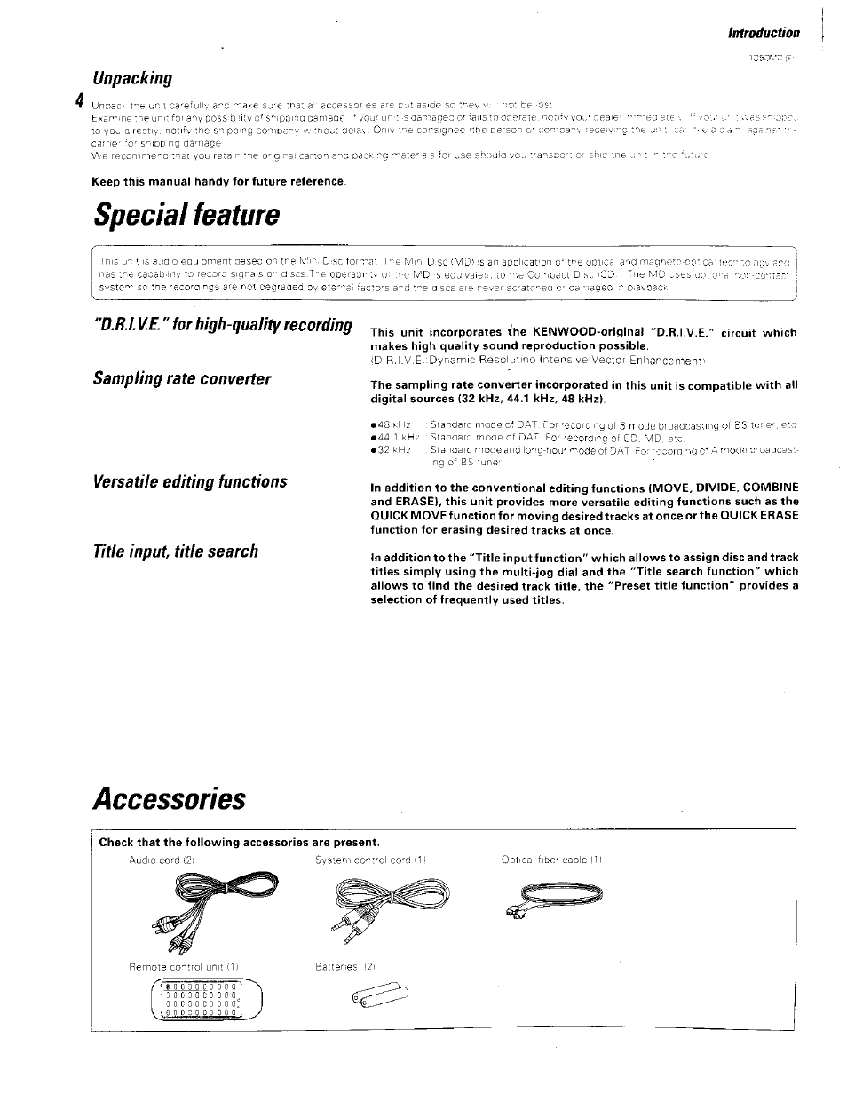 Unpacking, Keep this manual handy for future reference, Special feature | Versatile editing functions, Title input title search, Accessories | Kenwood BJV140Z User Manual | Page 4 / 54