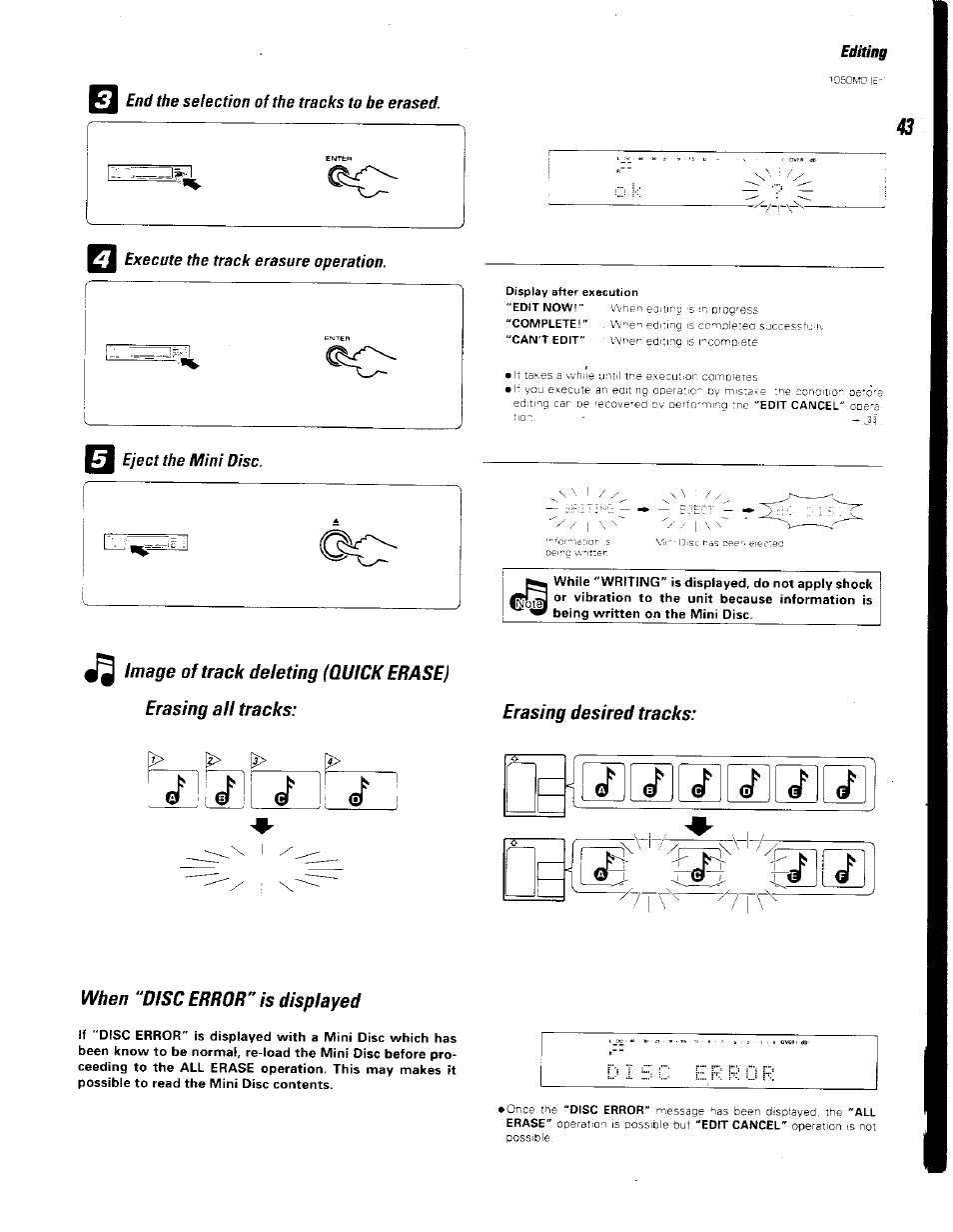 Execute the track erasure operation, Eject the mini disc, Men “disc error ’is displayed | W ' w 9 ! > i ф | Kenwood BJV140Z User Manual | Page 43 / 54