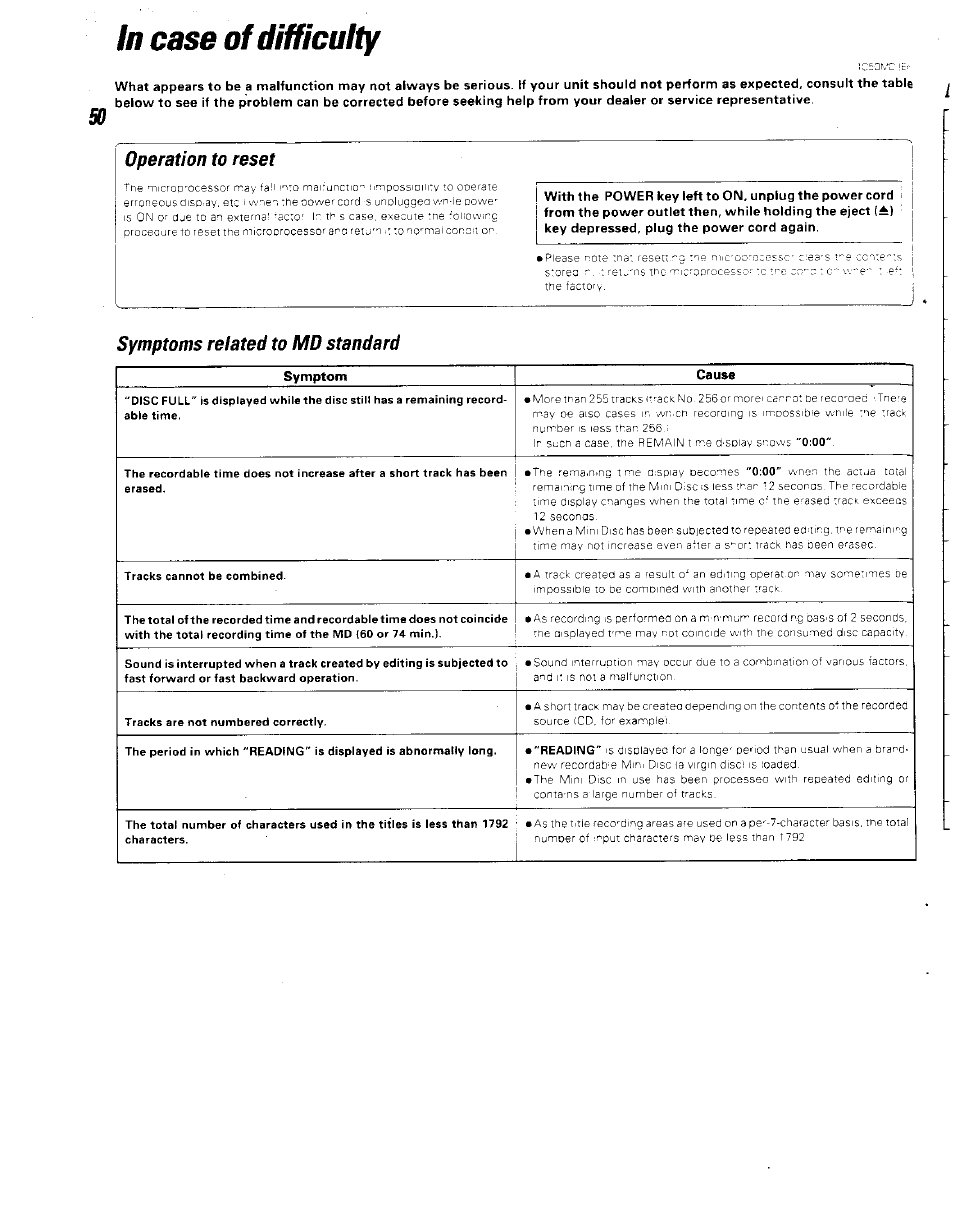 In case of difficulty, Operation to reset, Symptoms related to md standard | Kenwood BJV140Z User Manual | Page 49 / 54