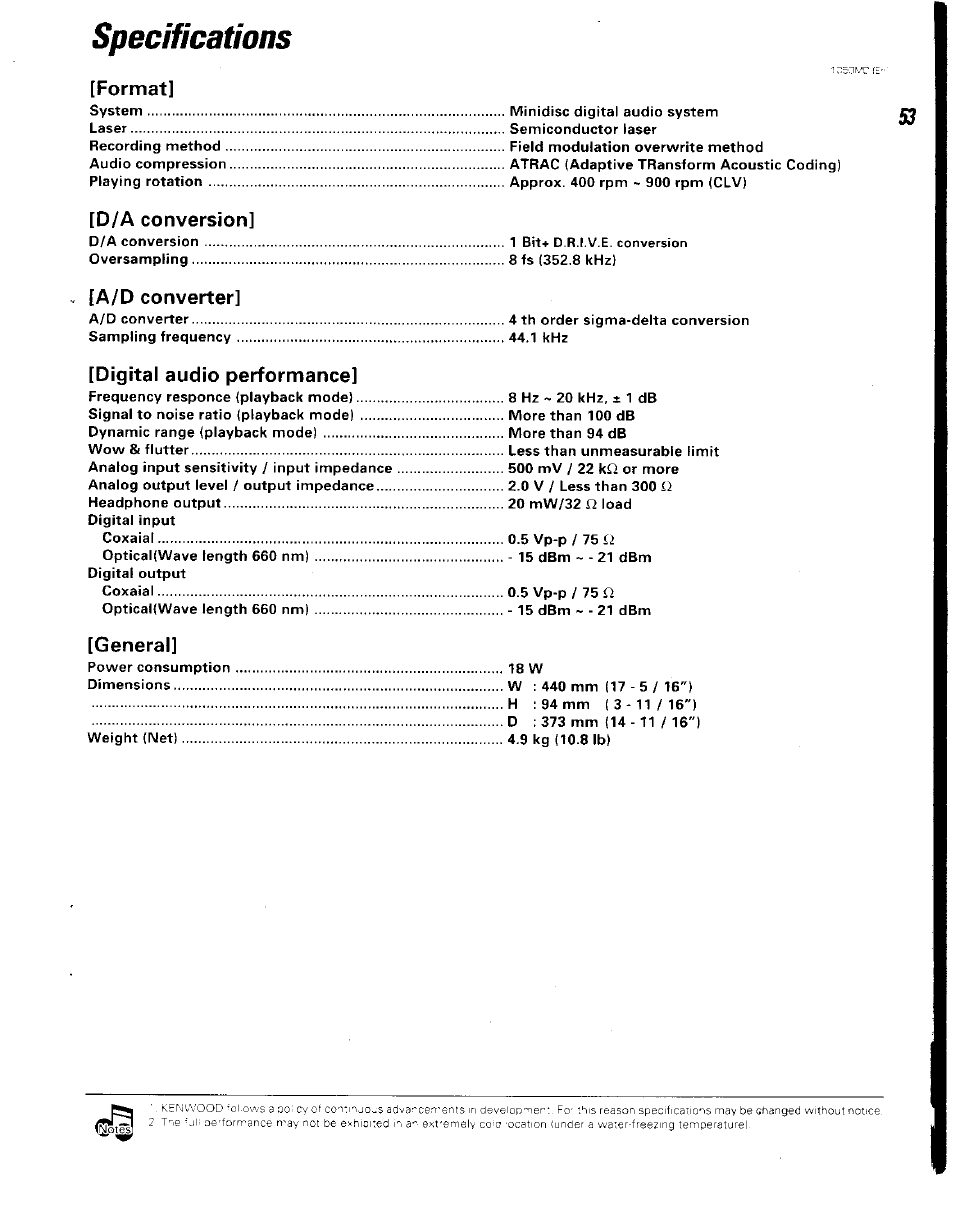 Specifications, Formatl, D/a conversion | A/d converter, Digital audio performance, General | Kenwood BJV140Z User Manual | Page 52 / 54