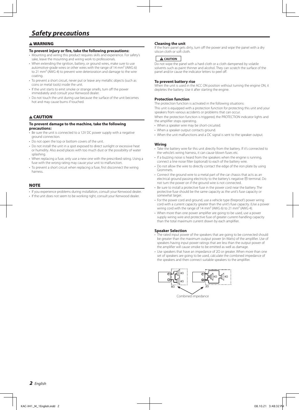 Safety precautions | Kenwood KAC-X41 User Manual | Page 2 / 8