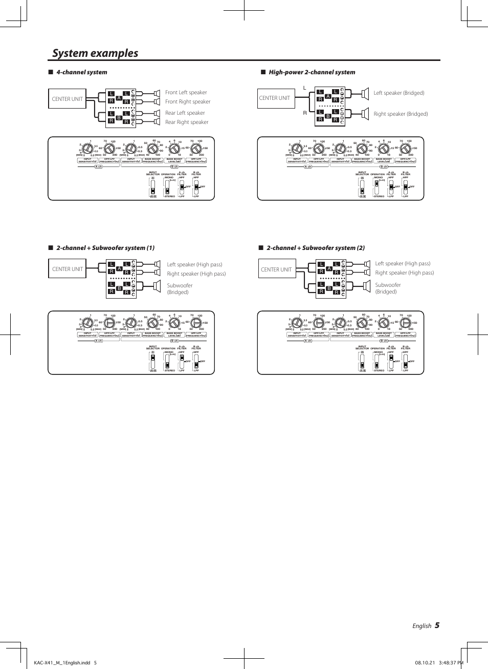 System examples, English, Channel system  high-power -channel system | Channel + subwoofer system (1), Channel + subwoofer system (), Center unit, Right speaker (bridged) left speaker (bridged) | Kenwood KAC-X41 User Manual | Page 5 / 8