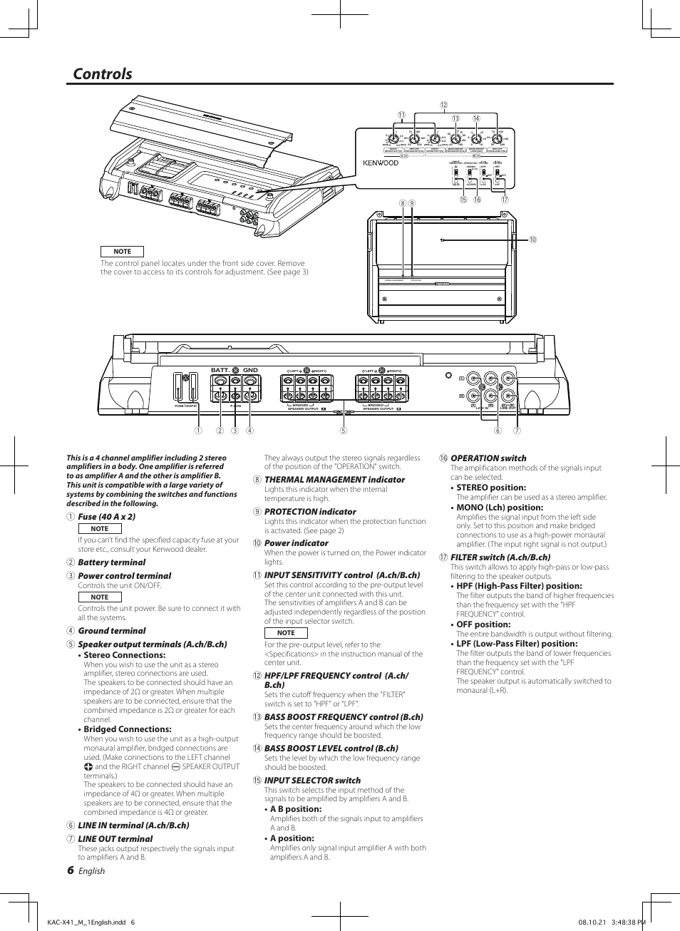 Controls, English, 1fuse (0 a x ) | 2battery terminal 3 power control terminal, Bridged connections, 6line in terminal (a.ch/b.ch) 7 line out terminal, 8thermal management indicator, 9protection indicator, 0power indicator, Input sensitivity control (a.ch/b.ch) | Kenwood KAC-X41 User Manual | Page 6 / 8