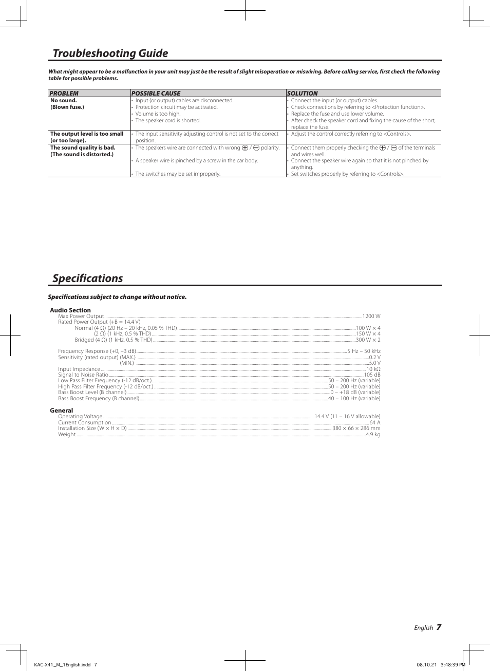 Troubleshooting guide specifications | Kenwood KAC-X41 User Manual | Page 7 / 8