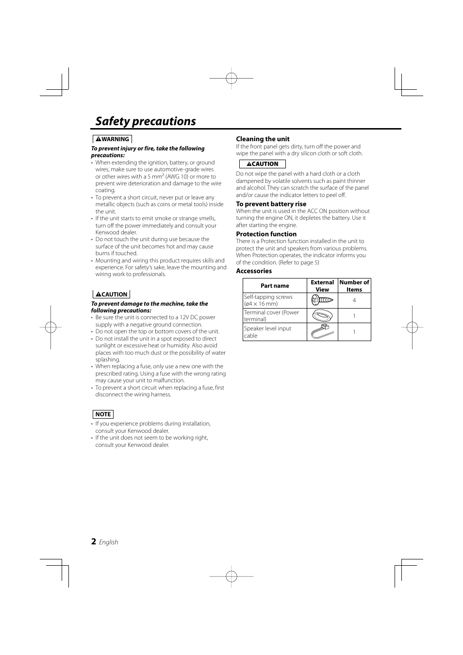 Safety precautions | Kenwood KAC-5203 User Manual | Page 2 / 32