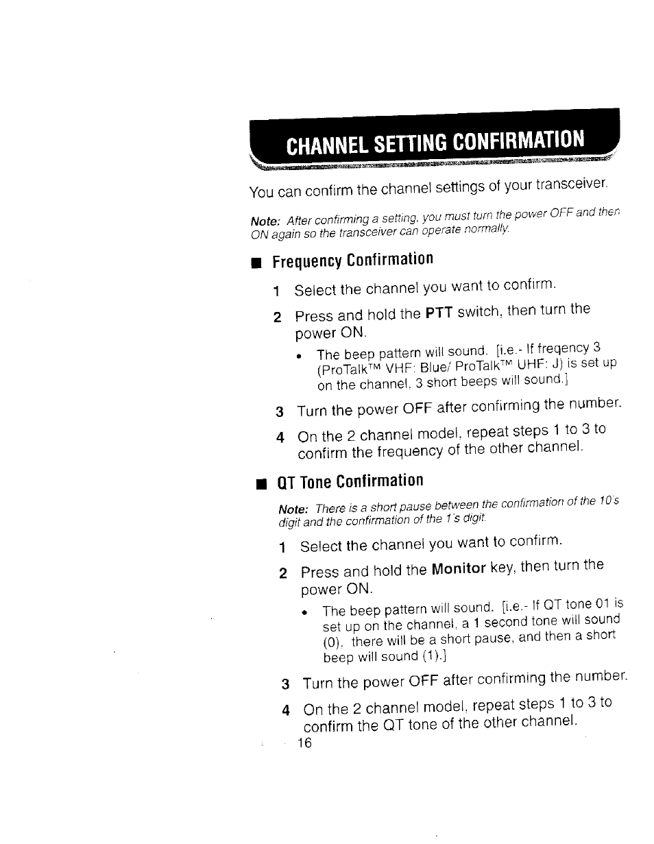 Channel setting confirmation, Frequency confirmation, Qt tone confirmation | Channel sening confirmation | Kenwood TK 3100 User Manual | Page 22 / 28