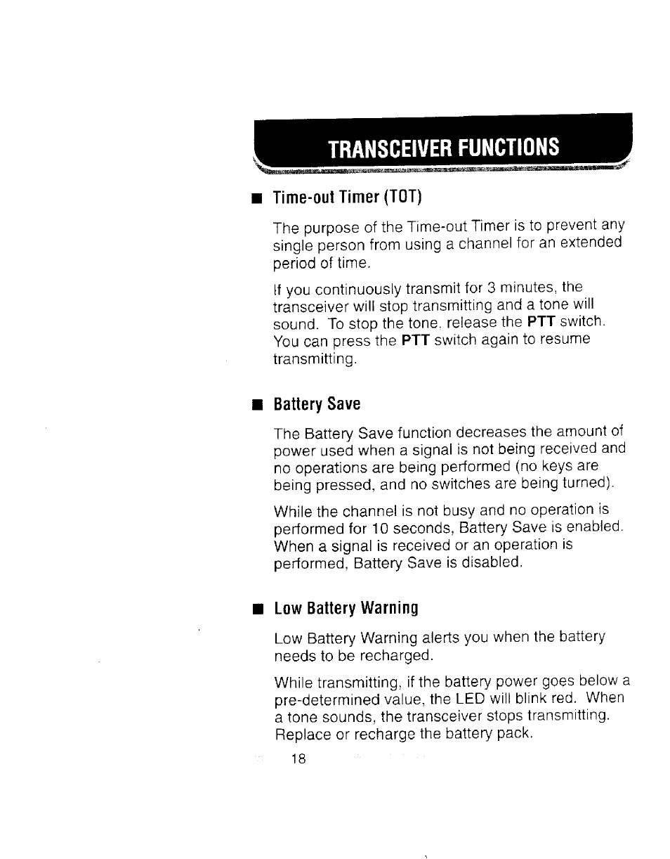 Transceiver functions, Time-out timer (tot), Battery save | Low battery warning, Battery save low battery warning | Kenwood TK 3100 User Manual | Page 24 / 28