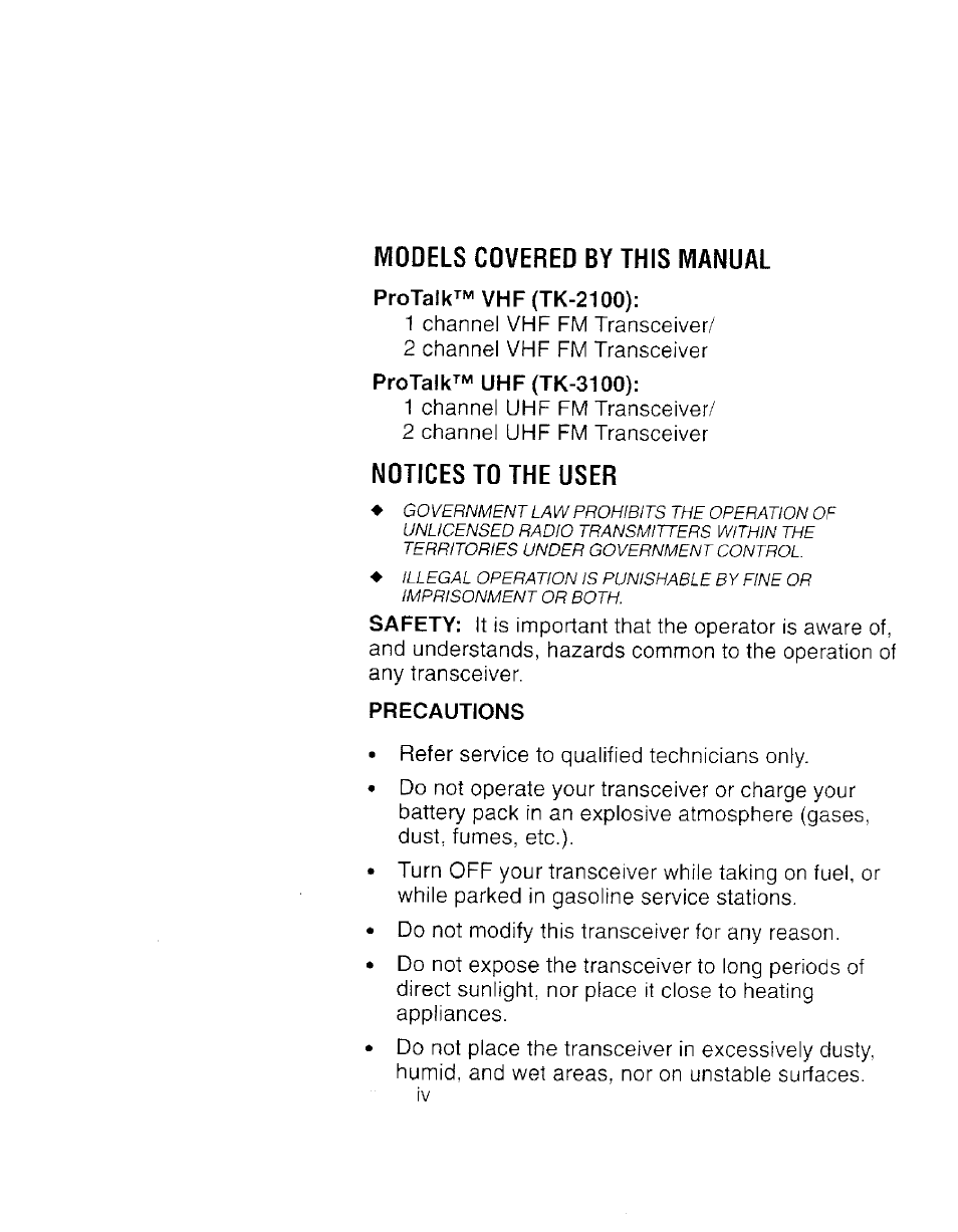 Models covered by this manual, Notices to the user | Kenwood TK 3100 User Manual | Page 4 / 28