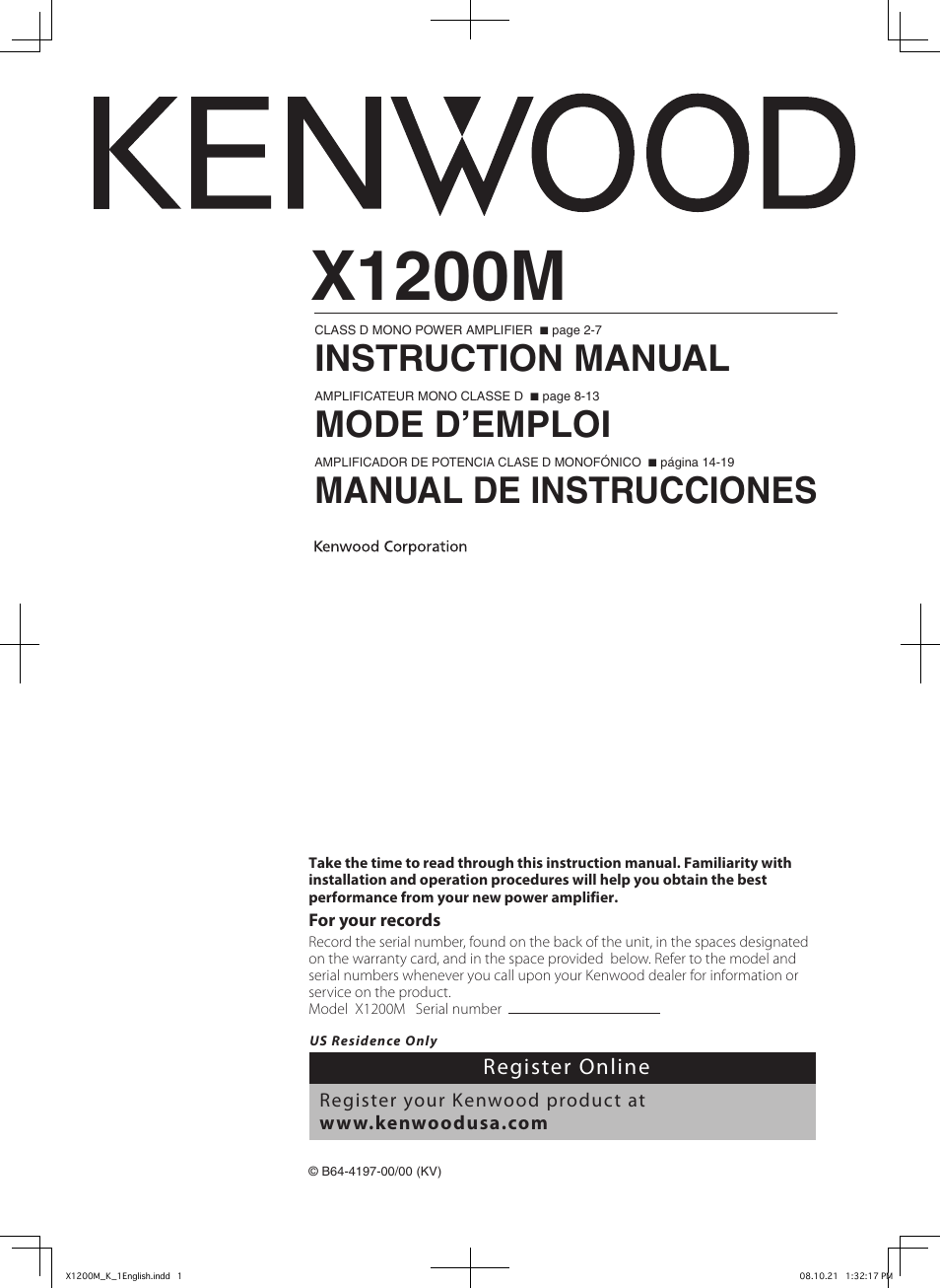 Kenwood X1200M User Manual | 20 pages