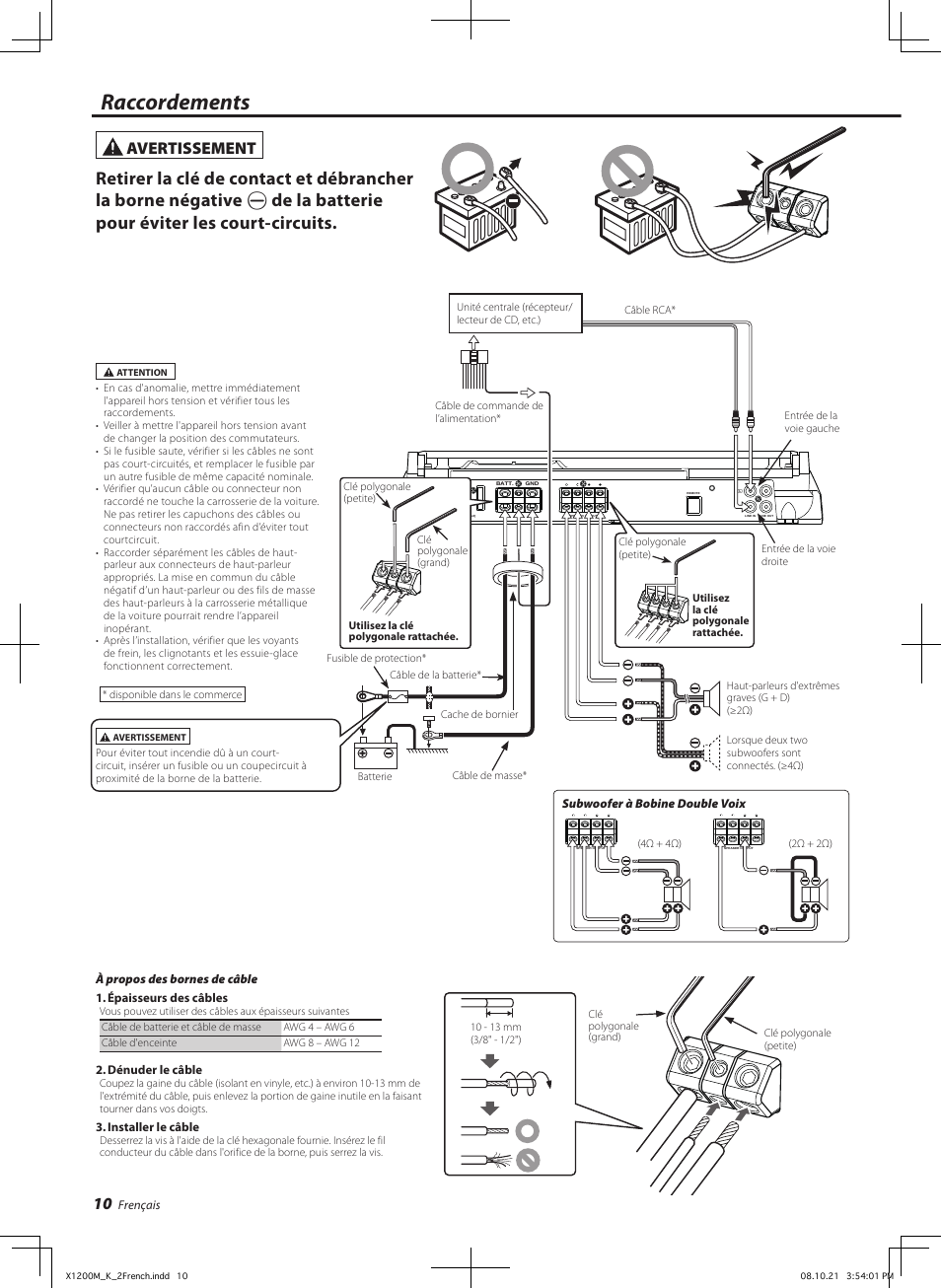 Raccordements, Avertissement | Kenwood X1200M User Manual | Page 10 / 20