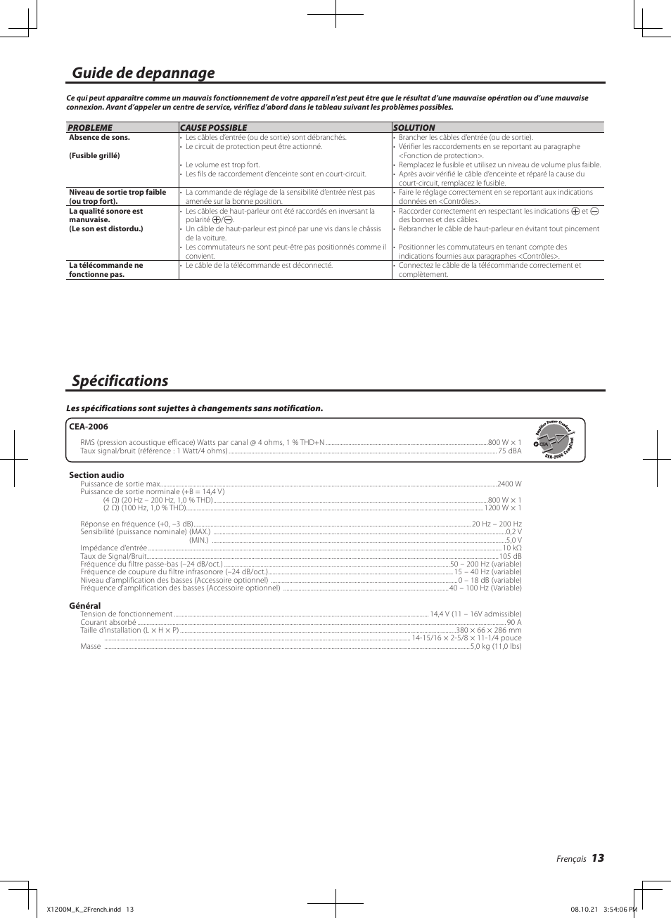 Guide de depannage spécifications | Kenwood X1200M User Manual | Page 13 / 20