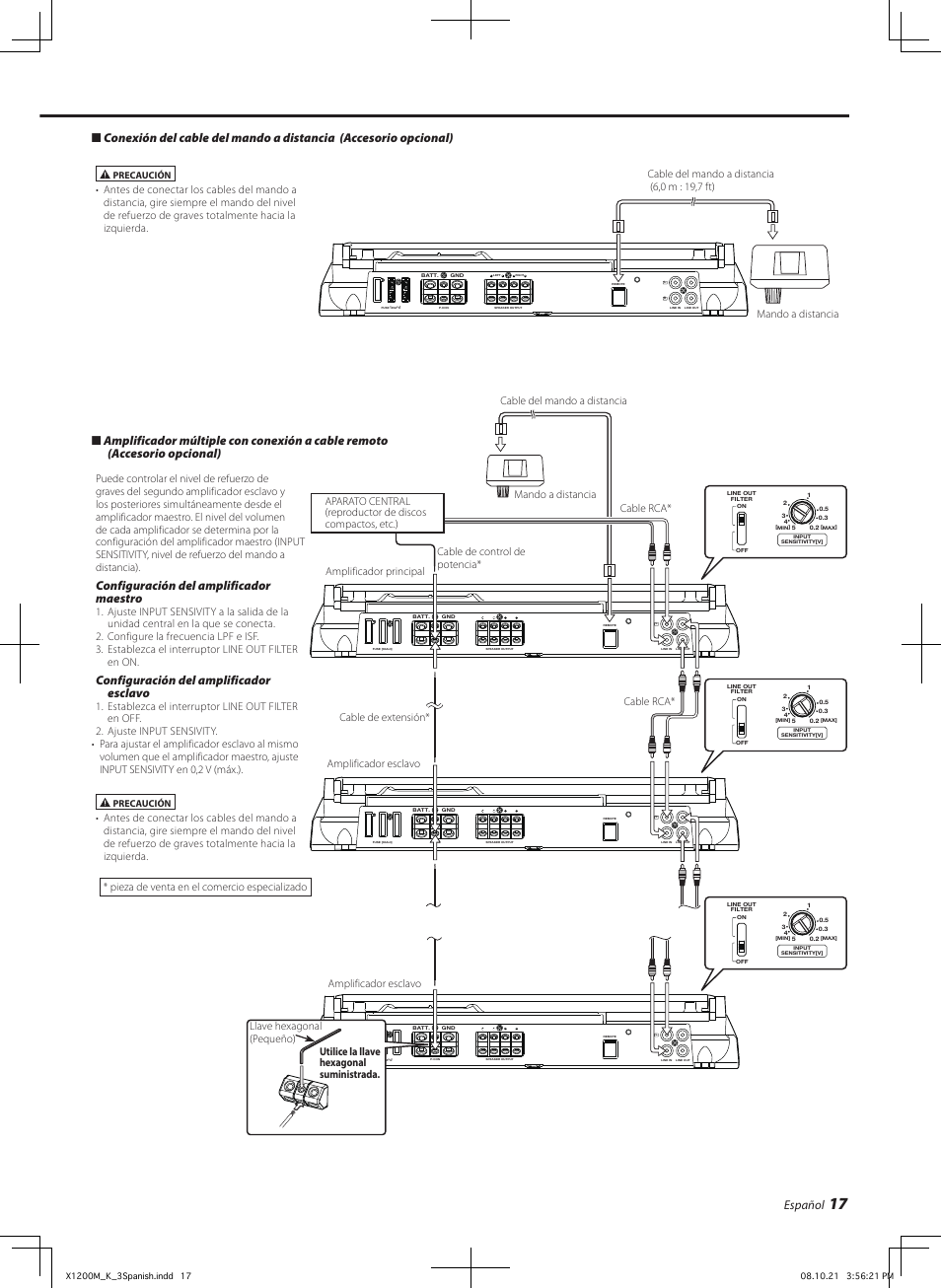 Español, Configuración del amplificador maestro, Configuración del amplificador esclavo | Kenwood X1200M User Manual | Page 17 / 20