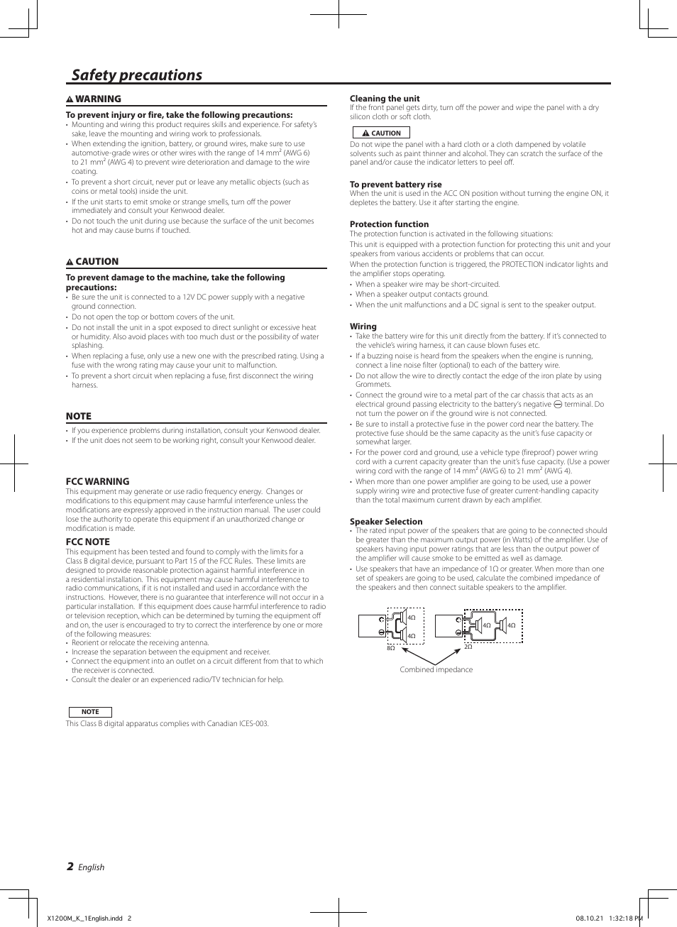 Safety precautions | Kenwood X1200M User Manual | Page 2 / 20