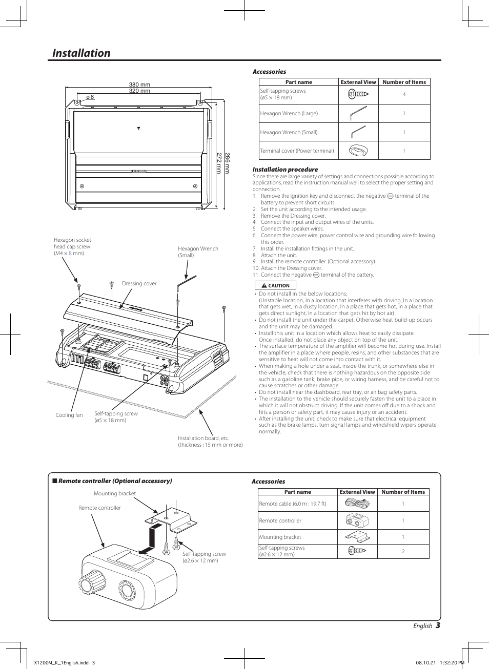 Installation | Kenwood X1200M User Manual | Page 3 / 20