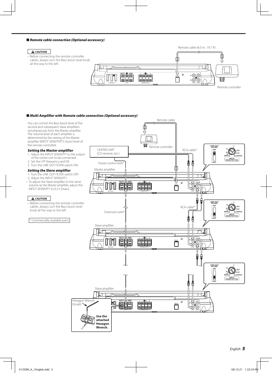 English, Setting the master amplifier, Setting the slave amplifier | Remote cable connection (optional accessory) | Kenwood X1200M User Manual | Page 5 / 20