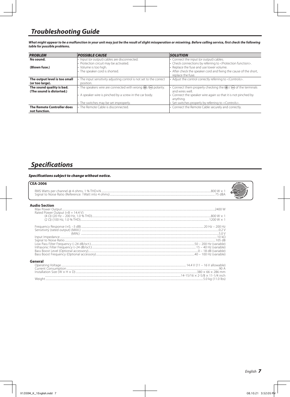 Troubleshooting guide specifications | Kenwood X1200M User Manual | Page 7 / 20