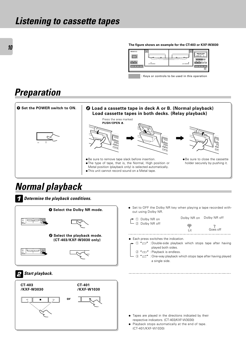 Listening to cassette tapes, Preparation, Normal playback | Determine the playback conditions, Start playback, Db) — —5 0 +3 +6 (db), Push/open, Db) — —5 0 dolby nr, Rec l, Db) — —5 dolby nr | Kenwood CT-403 User Manual | Page 10 / 20