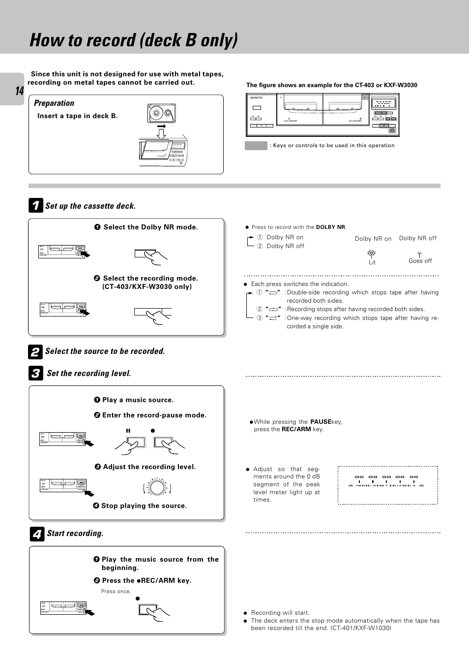 How to record (deck b only), Preparation start recording, Set the recording level | Kenwood CT-403 User Manual | Page 14 / 20