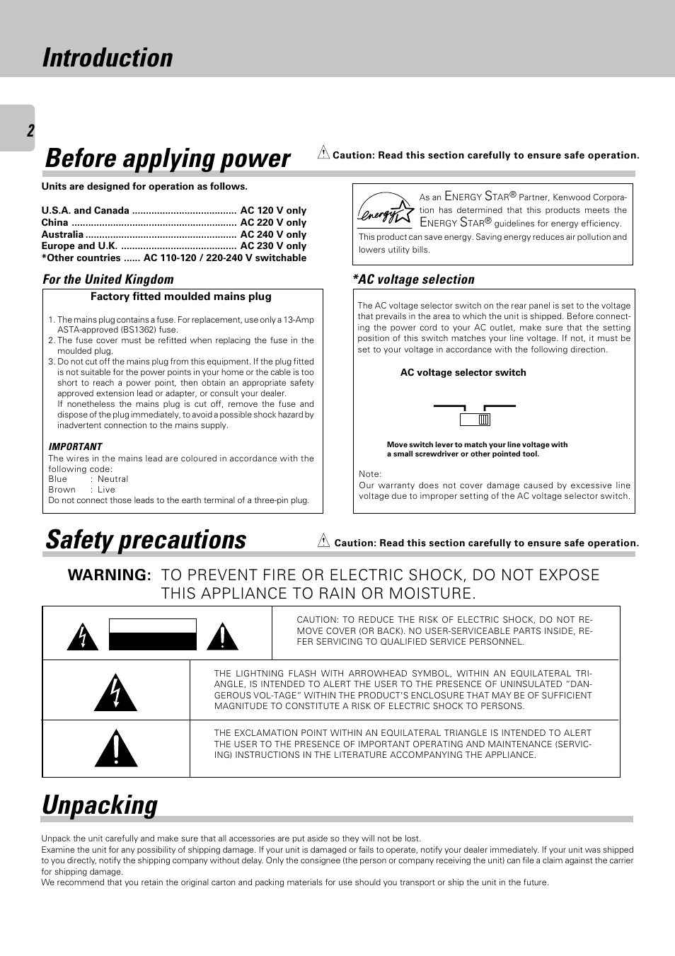 Introduction, Before applying power, Safety precautions | Unpacking, Ac voltage selection, For the united kingdom | Kenwood CT-403 User Manual | Page 2 / 20
