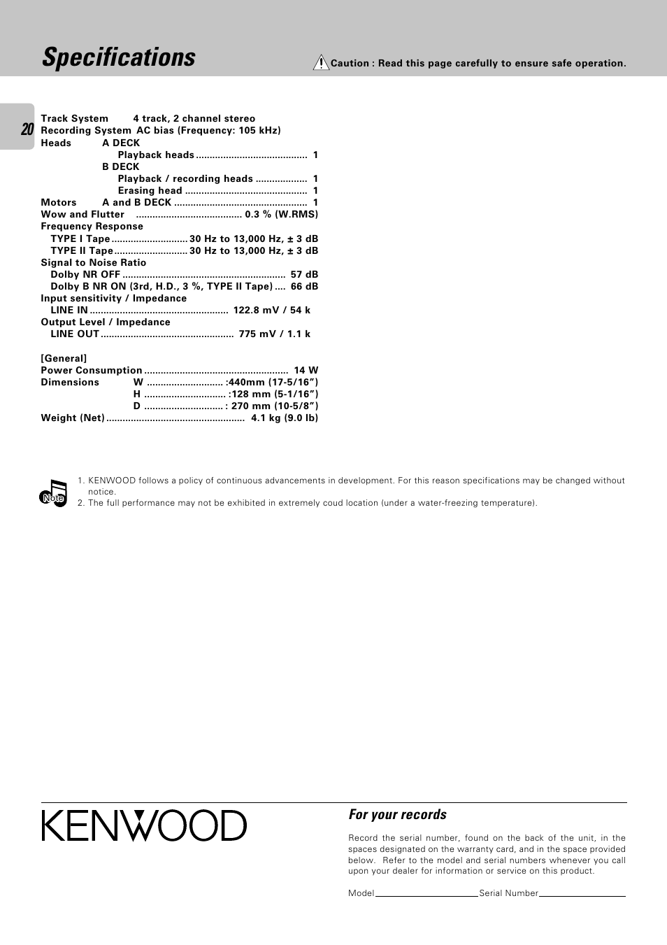 Specifications, For your records | Kenwood CT-403 User Manual | Page 20 / 20