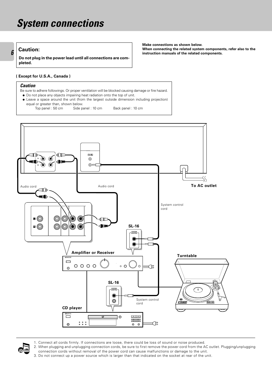 System connections, Caution, Except for u.s.a., canada ) amplifier or receiver | Turntable cd player to ac outlet, Sl-16 | Kenwood CT-403 User Manual | Page 6 / 20