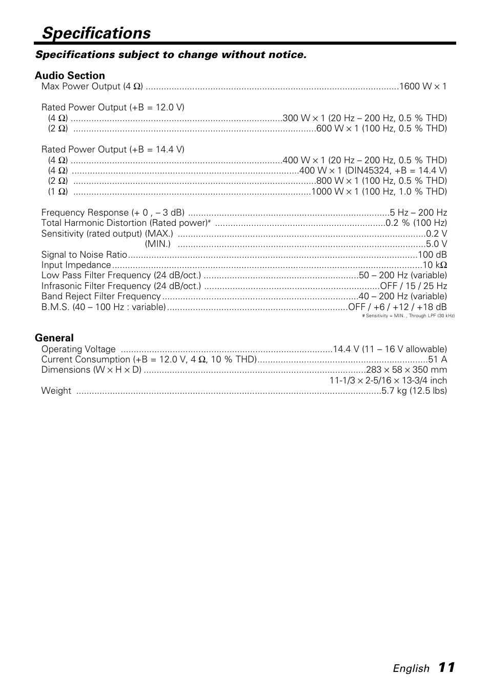 Specifications | Kenwood KAC-PS810D User Manual | Page 11 / 32