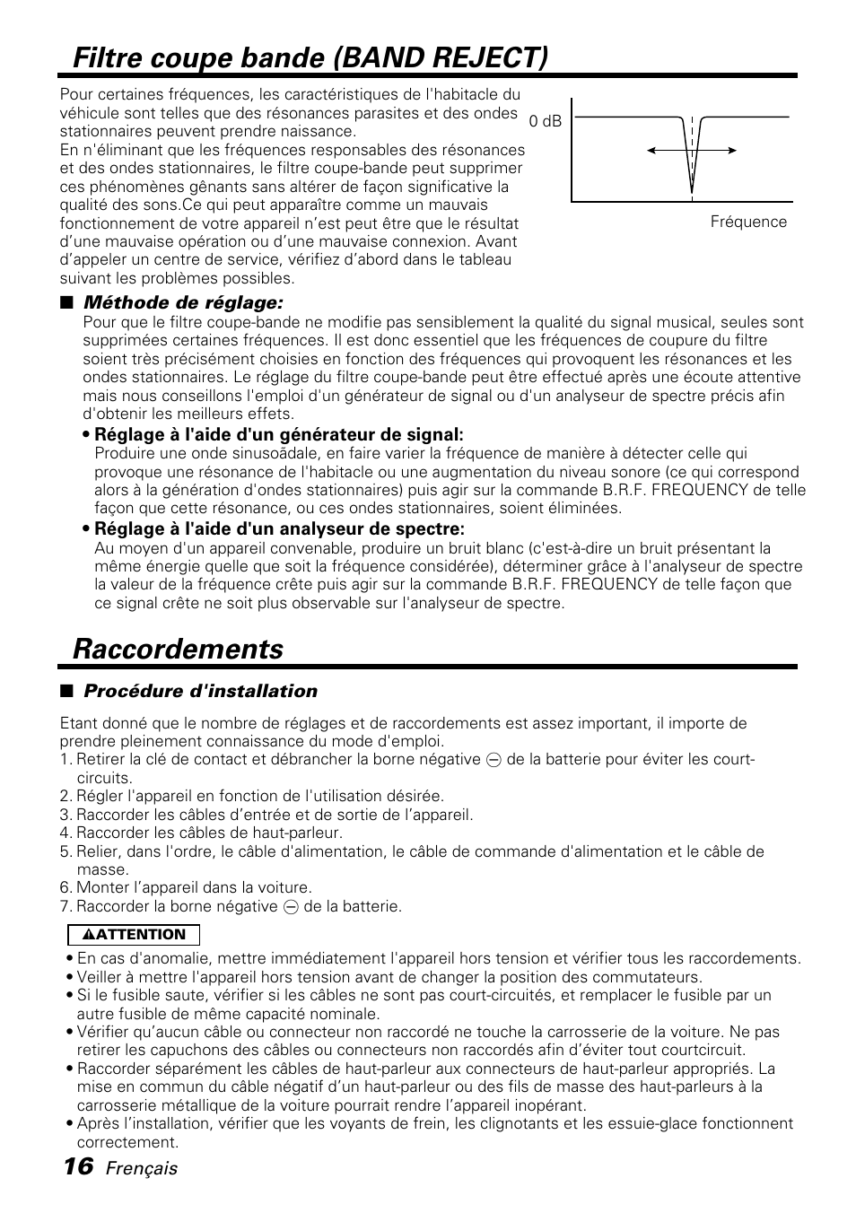 Filtre coupe bande (band reject) raccordements | Kenwood KAC-PS810D User Manual | Page 16 / 32