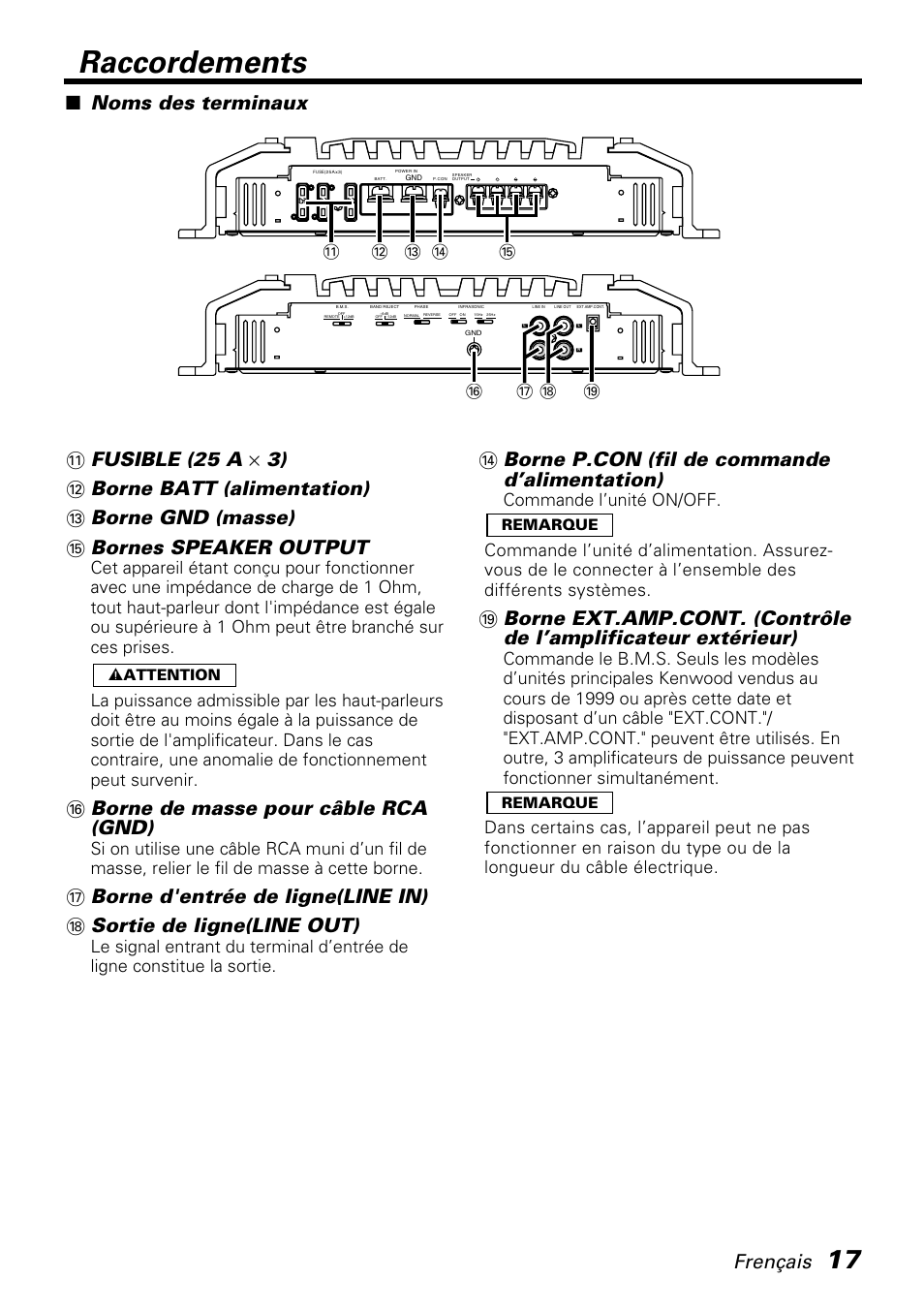 Raccordements, Frençais, Borne de masse pour câble rca (gnd) | Borne p.con (fil de commande d’alimentation), Noms des terminaux | Kenwood KAC-PS810D User Manual | Page 17 / 32