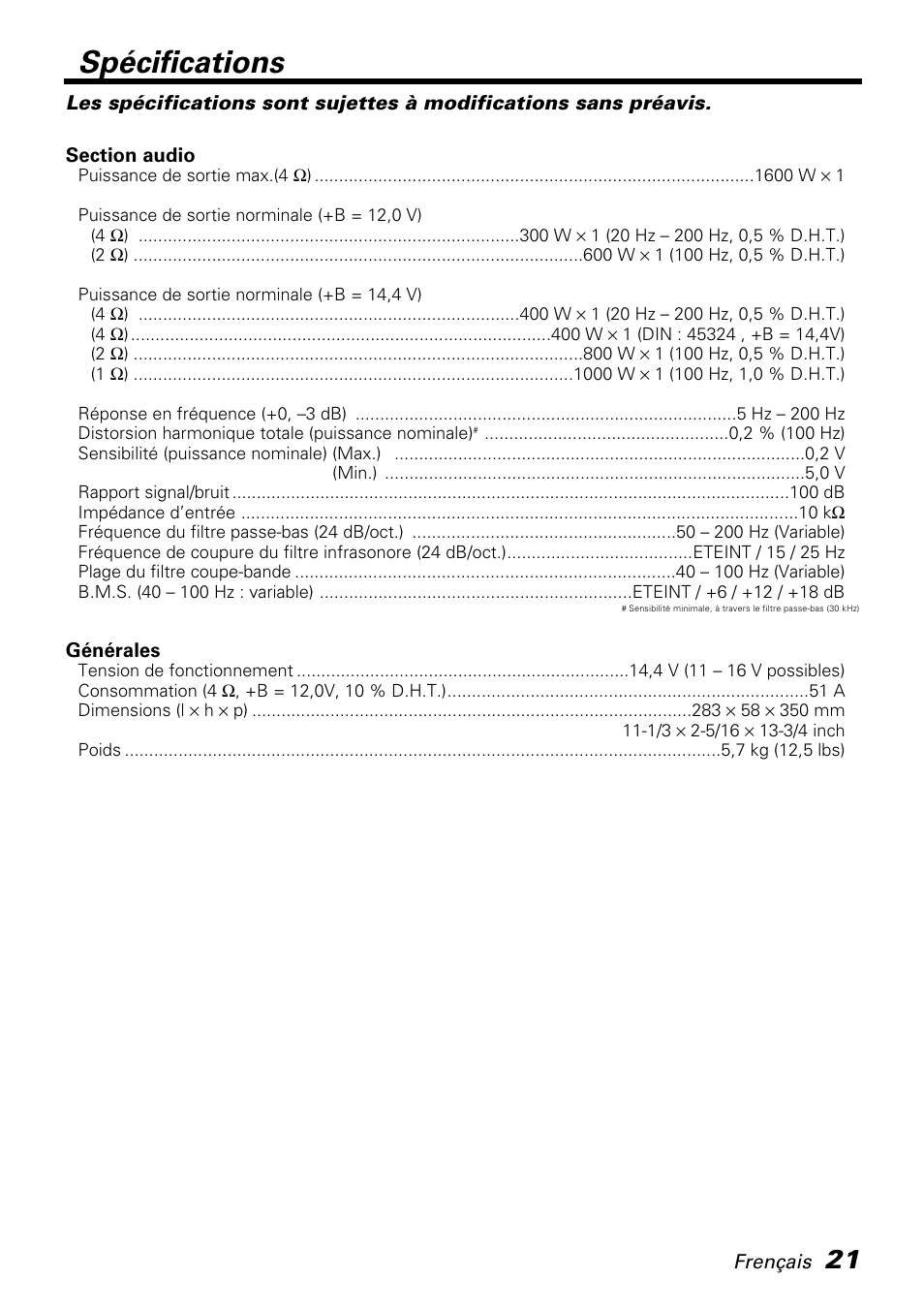 Spécifications | Kenwood KAC-PS810D User Manual | Page 21 / 32