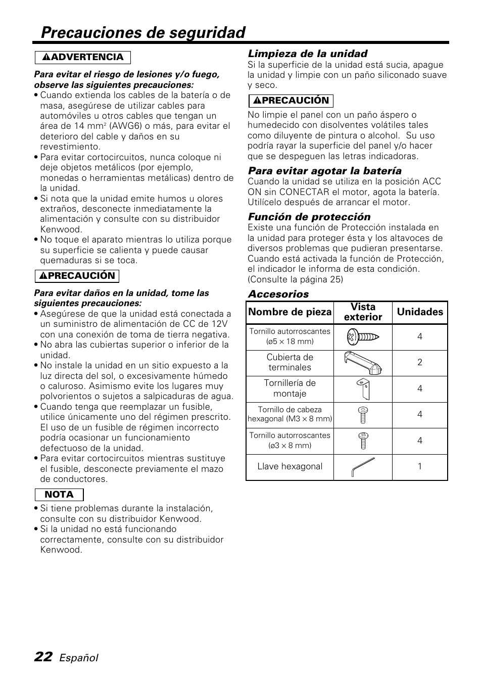 Precauciones de seguridad | Kenwood KAC-PS810D User Manual | Page 22 / 32