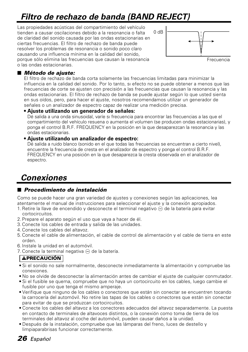 Conexiones, Filtro de rechazo de banda (band reject) | Kenwood KAC-PS810D User Manual | Page 26 / 32