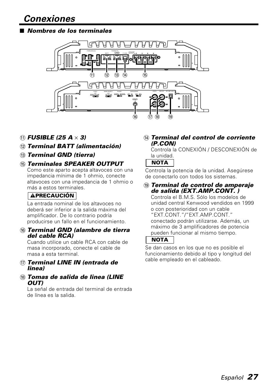 Conexiones, Español, Terminal gnd (alambre de tierra del cable rca) | Terminal del control de corriente (p.con), Nombres de los terminales | Kenwood KAC-PS810D User Manual | Page 27 / 32